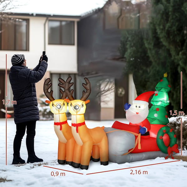 Uppblåsbar juldekoration - Jultomte med släde och ren - LED-belysning - För utomhus och inomhus - 216×90×150 cm - Flerfärgad