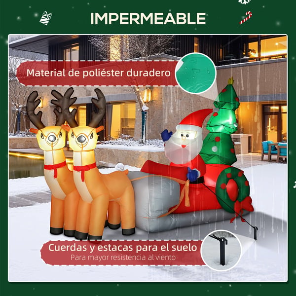 Uppblåsbar juldekoration - Jultomte med släde och ren - LED-belysning - För utomhus och inomhus - 216×90×150 cm - Flerfärgad