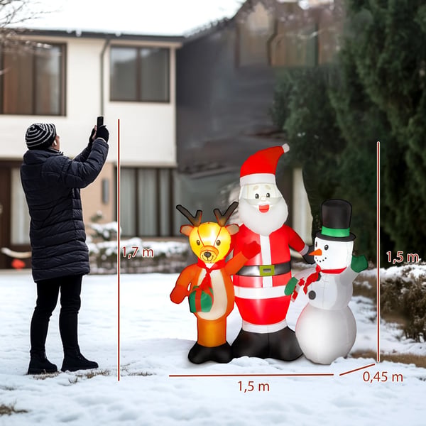 Uppblåsbar juldekoration - Jultomte med ren och snögubbe - 150 cm - För utomhus trädgård - Flerfärgad