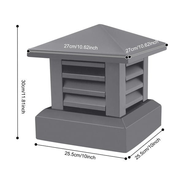 Skorstenshætte - Regnhætte - Aluminium 1,2 mm - Rustbestandig, Regntæt - Bund 25,5×25,5 cm, Top 27×27 cm - Højde 30 cm - Mørkegrå
