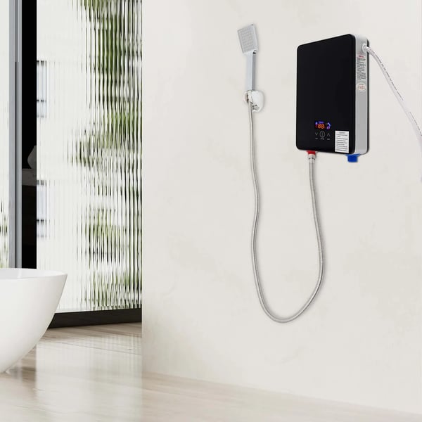 Gennemstrømsvandvarmer - Tankløs elektrisk - Væghængt - 6500 W - LED-display - IPX24 - Håndbruser - Sort