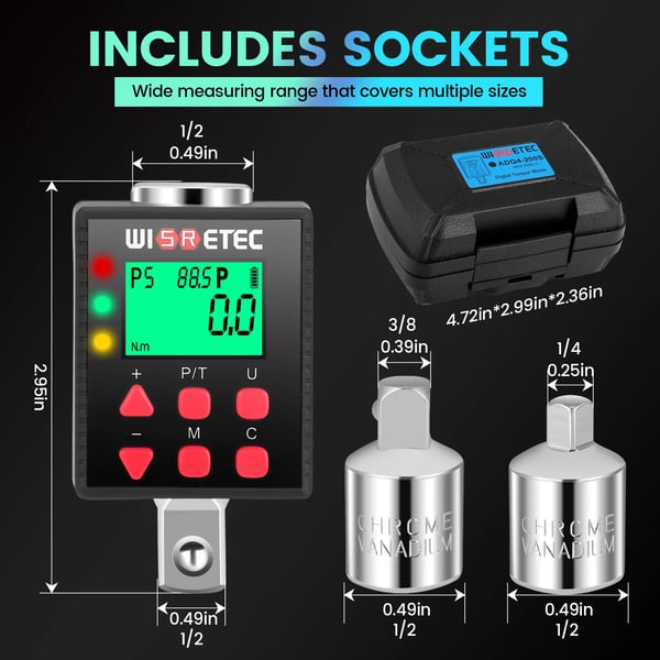 Digital momentadapter - 1,27 cm drivfirkant - 3,4–340 Nm - Nøjagtighed ±1 % - Hukommelsesfunktion - Uden batteri - Til bil & motorcykel - Sort