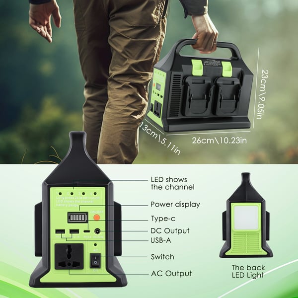 Strøminverter med batteriadapter - DC/AC-inverter - DC 18 V til AC 220–230 V, 350 W, USB-A & USB-C, LED 300 lm, Grøn