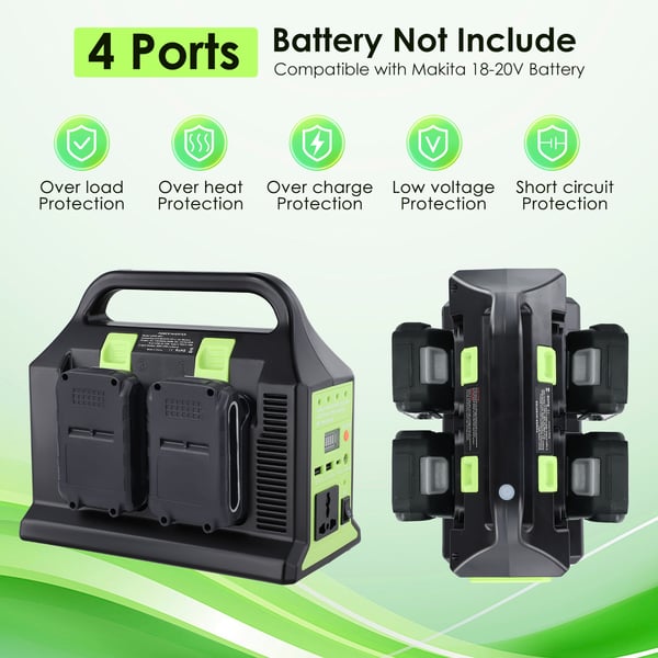 Inverter til 18V batteri - DC/AC-omformer - 350 W - 18V DC til 220–230 V AC - 4 porte - LED-lys - Camping & nødsituation - Sort