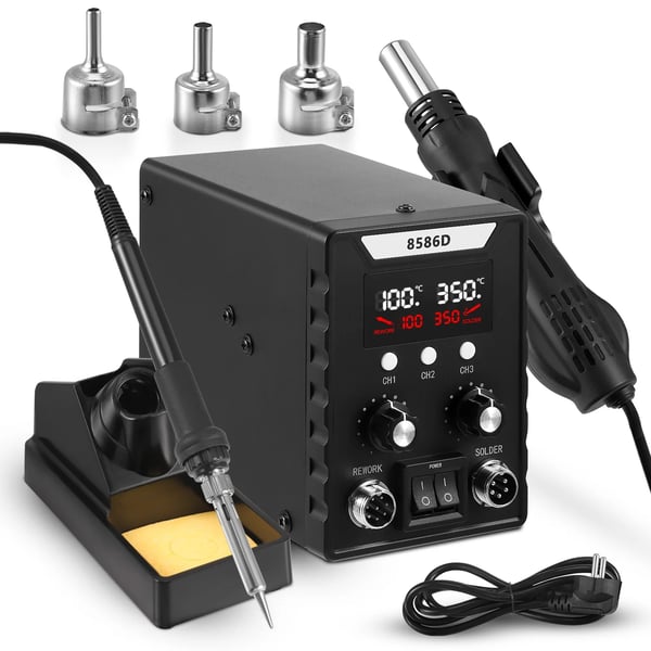 Varmluft lodde- og reworkstation - SMD 700 W - Justerbar temperatur - Justerbar luftmængde - 3 dyser - CE - 220V EU - Sort