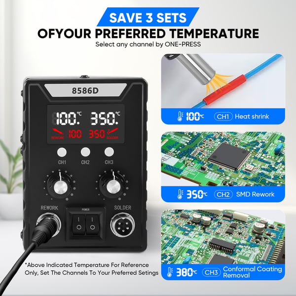 Varmluft lodde- og reworkstation - SMD 700 W - Justerbar temperatur - Justerbar luftmængde - 3 dyser - CE - 220V EU - Sort