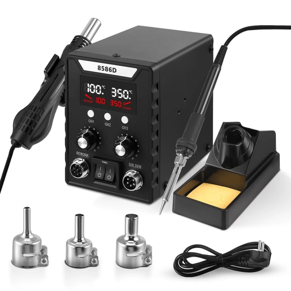 Varmluft lodde- og reworkstation - SMD 700 W - Justerbar temperatur - Justerbar luftmængde - 3 dyser - CE - 220V EU - Sort