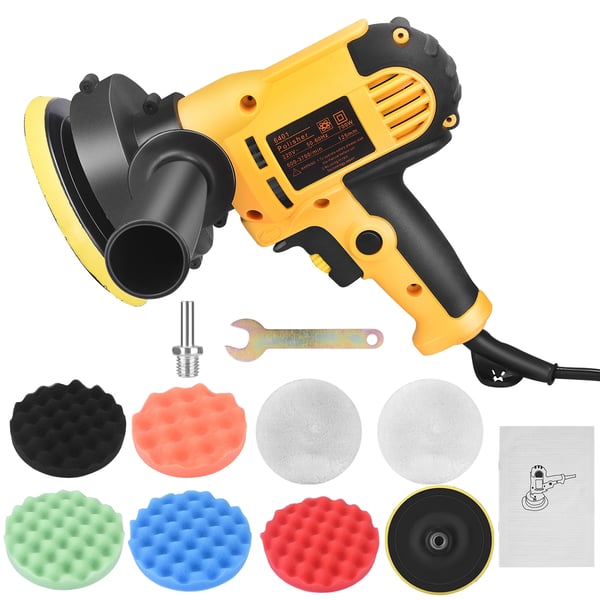 Elektrisk polermaskin - Polerare 125 mm Kit - 700 W - Avtagbar polerplatta - För bil, trä, metall, möbler - Gul