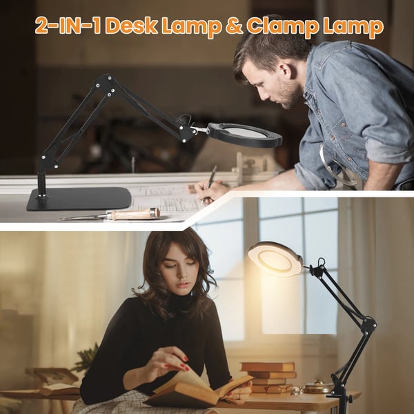 Luplampe - 10x bordlampe med lys - Dæmpbart lys - Svingarm - 2-i-1 stativ og bordklemme - Sort