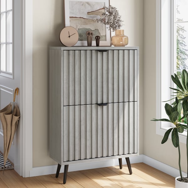Skoskab & Skoreol - Skjult design - To vippeskuffer - Fritstående - MDF - Moderne minimalistisk - Grå
