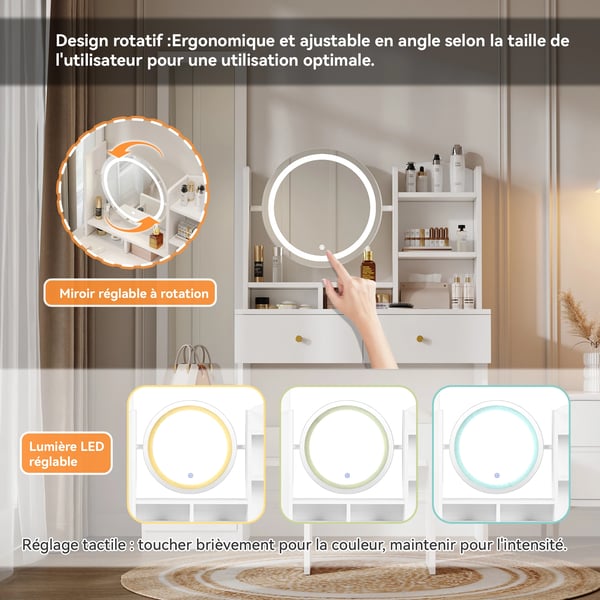 Makeupbord 4-i-1 - Toiletbord - Fuldfigursspejl - Drejeligt bordsspejl - Med skammel - LED-lys - Metalgreb - Hvid