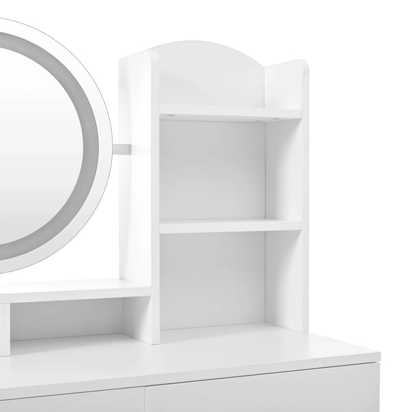 Makeupbord 4-i-1 - Toiletbord - Fuldfigursspejl - Drejeligt bordsspejl - Med skammel - LED-lys - Metalgreb - Hvid