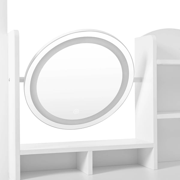 Makeupbord 4-i-1 - Toiletbord - Fuldfigursspejl - Drejeligt bordsspejl - Med skammel - LED-lys - Metalgreb - Hvid