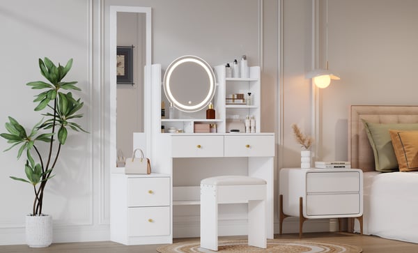 Makeupbord 4-i-1 - Toiletbord - Fuldfigursspejl - Drejeligt bordsspejl - Med skammel - LED-lys - Metalgreb - Hvid