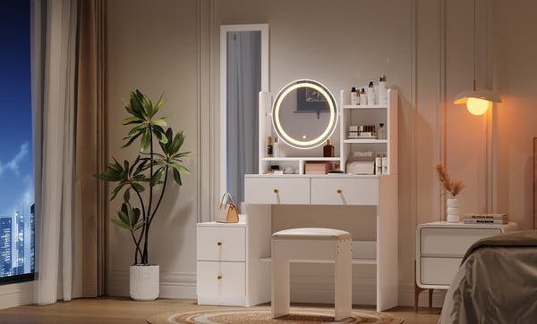 Makeupbord 4-i-1 - Toiletbord - Fuldfigursspejl - Drejeligt bordsspejl - Med skammel - LED-lys - Metalgreb - Hvid