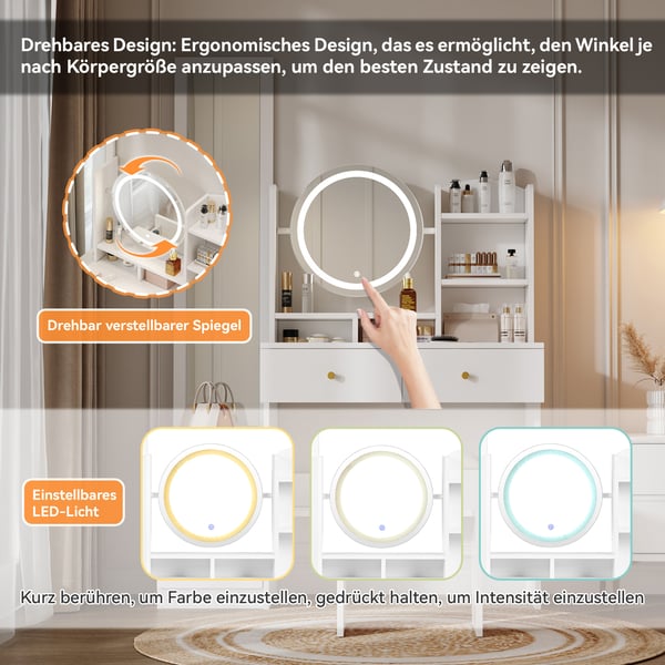 Makeupbord 4-i-1 - Toiletbord - Fuldfigursspejl - Drejeligt bordsspejl - Med skammel - LED-lys - Metalgreb - Hvid