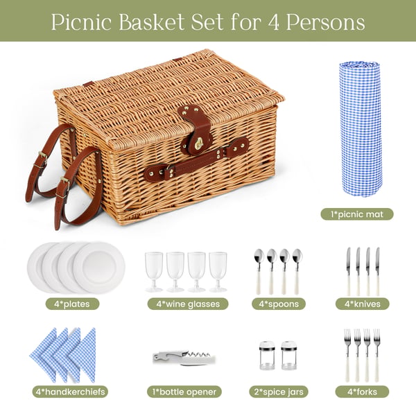 Picnic-kori - 4 hengelle - Eristetty kylmälaukku - Aterimet mukana - 600D polyesteri - Beige