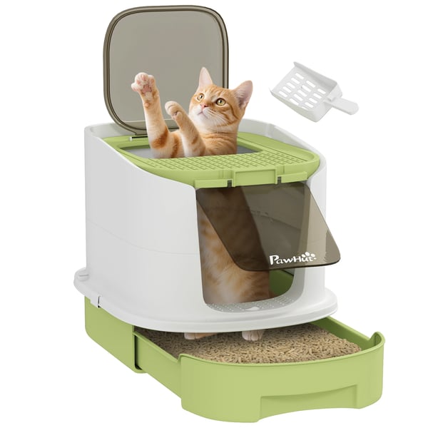 Täckt kattlåda - D31-102V00Gn - Helt stängd - Frontingång - Topputgång - Avtagbart lock - Uttagbar bricka och spade - 40,5×52,5×42,5 cm - Grön