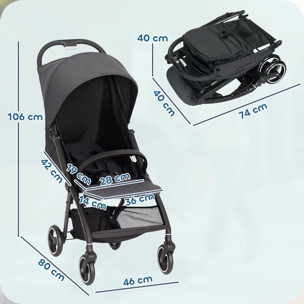 Barnvagn - Resevagn - Lätt, Fällbar, Lutningsbart ryggstöd, Justerbart fotstöd, 5-punktssele, Max 15 kg - Mörkgrå