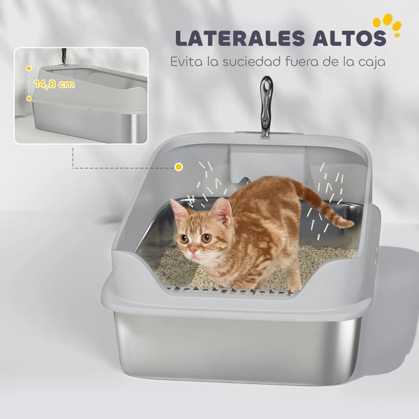 Kattlåda - Rostfritt stål - XXL, Höga kanter, Med spade, Lätt att rengöra, Läcksäker, 70×50×30 cm - Grå