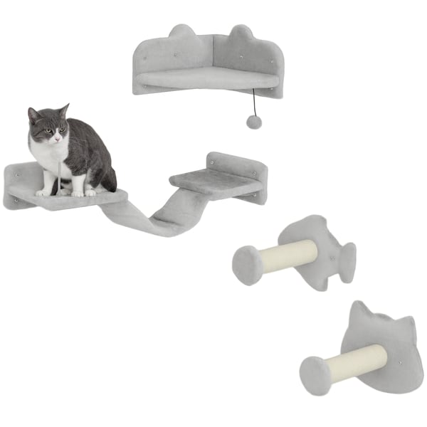 Katthyllor 4-delat set - Väggmonterat klösträd - Två sisalstolpar - Dubbelplattform - Mjuk stege - Hoppplattform - Storlek 90×26×12,5 cm - Ljusgrå