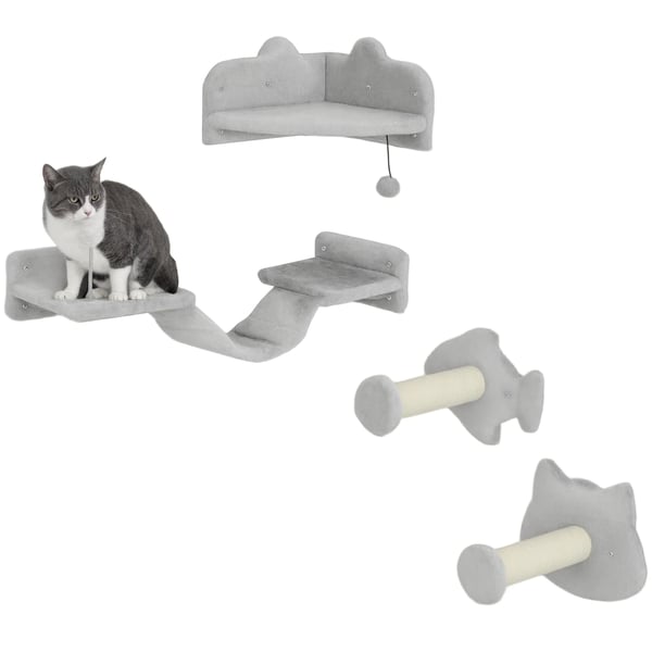 Katthyllor 4-delat set - Väggmonterat klösträd - Två sisalstolpar - Dubbelplattform - Mjuk stege - Hoppplattform - Storlek 90×26×12,5 cm - Ljusgrå