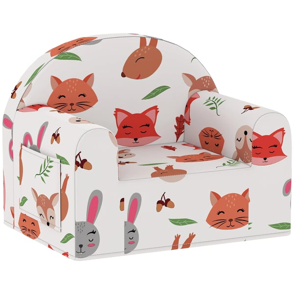 Barnfåtölj - 1-sits soffa - Rävtryck - 18–36 Månader - Avtagbart Tvättbart Överdrag - Sidoficka - Max 45 kg - 54x40x43 cm - Vit
