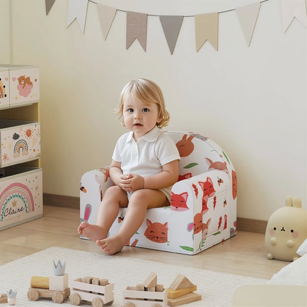 Barnfåtölj - 1-sits soffa - Rävtryck - 18–36 Månader - Avtagbart Tvättbart Överdrag - Sidoficka - Max 45 kg - 54x40x43 cm - Vit