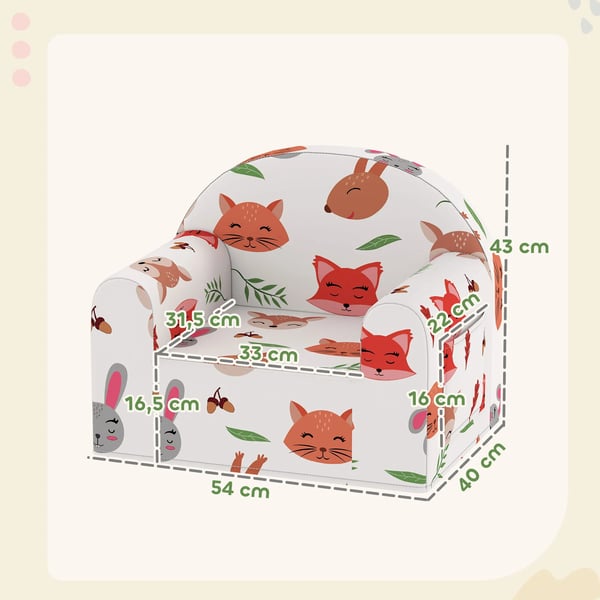 Barnfåtölj - 1-sits soffa - Rävtryck - 18–36 Månader - Avtagbart Tvättbart Överdrag - Sidoficka - Max 45 kg - 54x40x43 cm - Vit