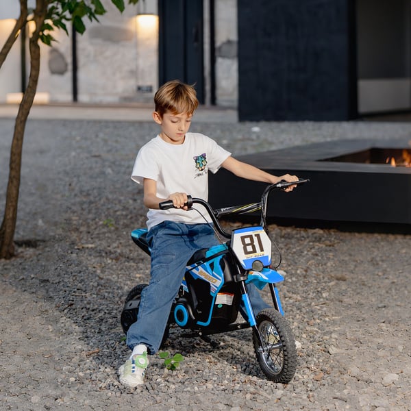Elektrisk motorcykel för barn - Åkfordon - 24V 250W - 6–16 km/h - 30 cm hjul - Bakhjulsfjädring - 8–12 år - Blå
