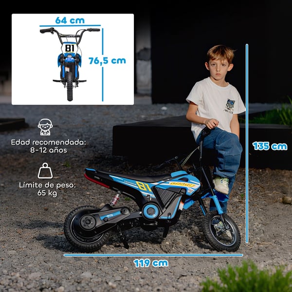 Elektrisk motorcykel för barn - Åkfordon - 24V 250W - 6–16 km/h - 30 cm hjul - Bakhjulsfjädring - 8–12 år - Blå