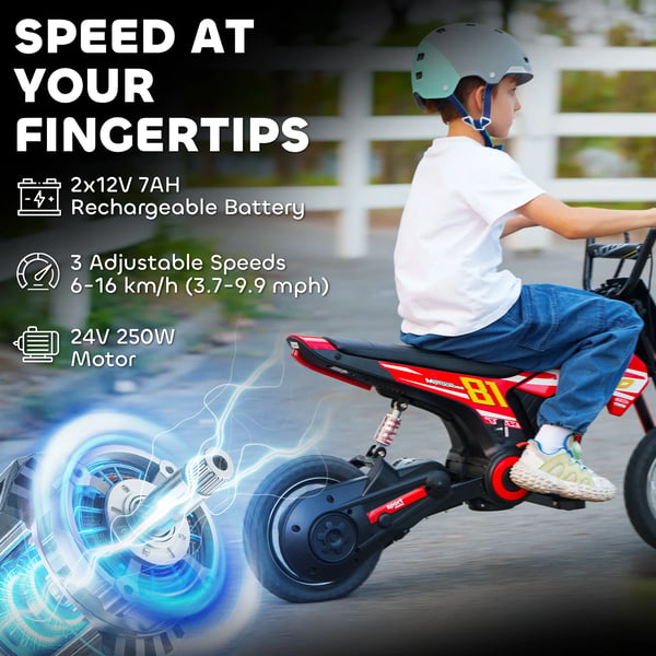 Elmotorcykel för barn - 24V 250W - Hastighet 6–16 km/h - 30 cm hjul - Bakhjulsfjädring - För 8–12 år - Röd