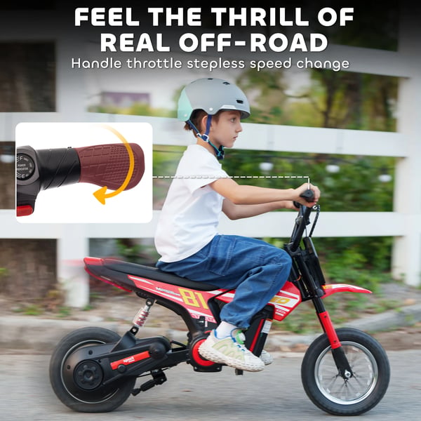 Elmotorcykel för barn - 24V 250W - Hastighet 6–16 km/h - 30 cm hjul - Bakhjulsfjädring - För 8–12 år - Röd