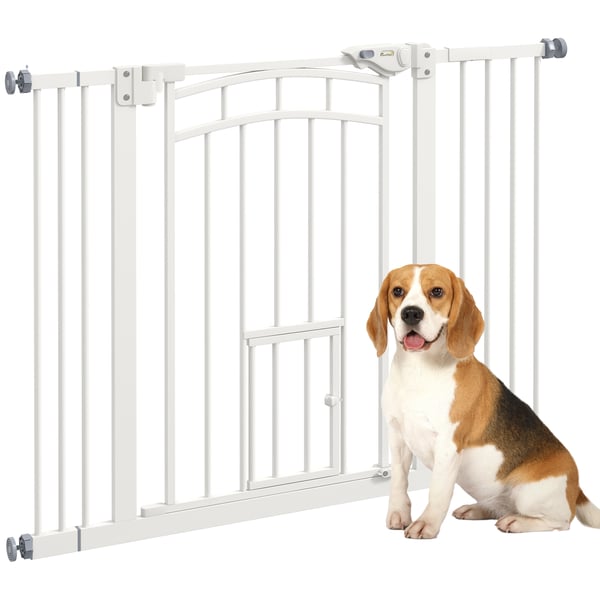 Säkerhetsgrind för hund - Dörr-/trappgrind - Passar öppningar 74–100 cm - Höjd 76 cm - Tryckmontering - Rostfritt stål - Vit