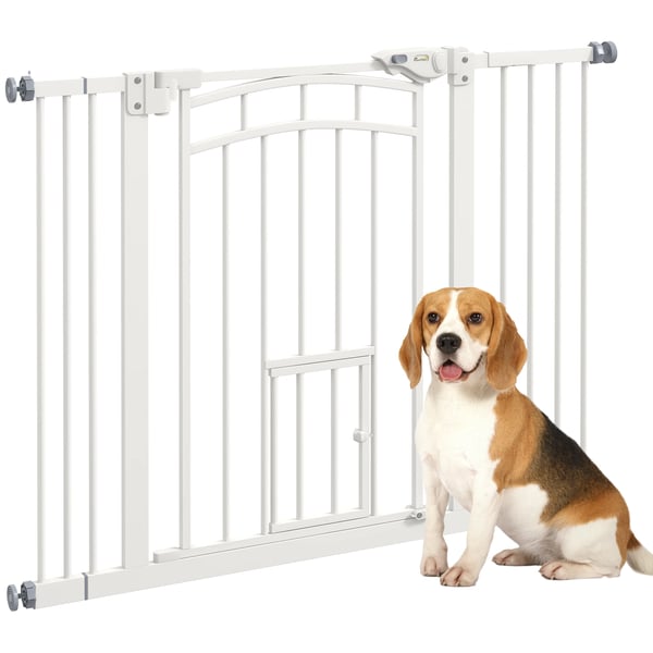 Säkerhetsgrind för hund - Dörr-/trappgrind - Passar öppningar 74–100 cm - Höjd 76 cm - Tryckmontering - Rostfritt stål - Vit