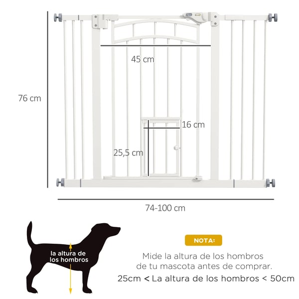 Säkerhetsgrind för hund - Dörr-/trappgrind - Passar öppningar 74–100 cm - Höjd 76 cm - Tryckmontering - Rostfritt stål - Vit