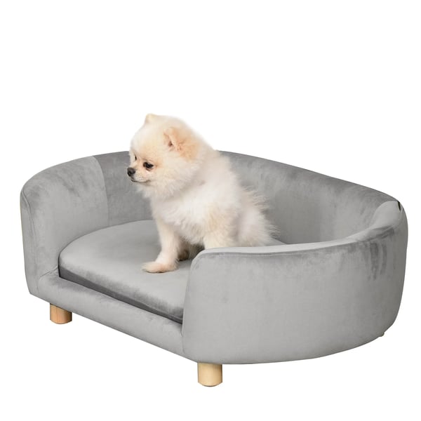 Hundsoffa - Upphöjd hundbädd - För små hundar - Träben - Avtagbar kudde - Tvättbart överdrag - Max 10 kg - 86x55x33 cm - Grå