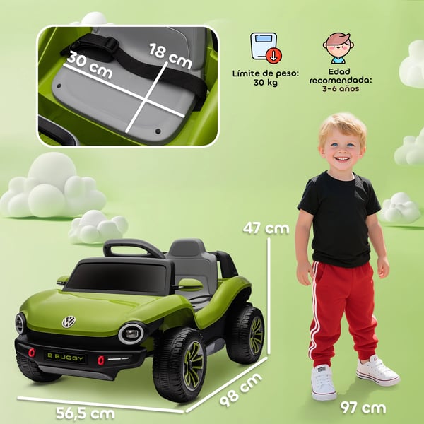 Elbil för barn - E-buggy 12V - Fjärrkontroll 2,4G - Dubbla motorer - Hjul med fjädring - LED-strålkastare, musik, USB - Ålder 3–6 år - Grön