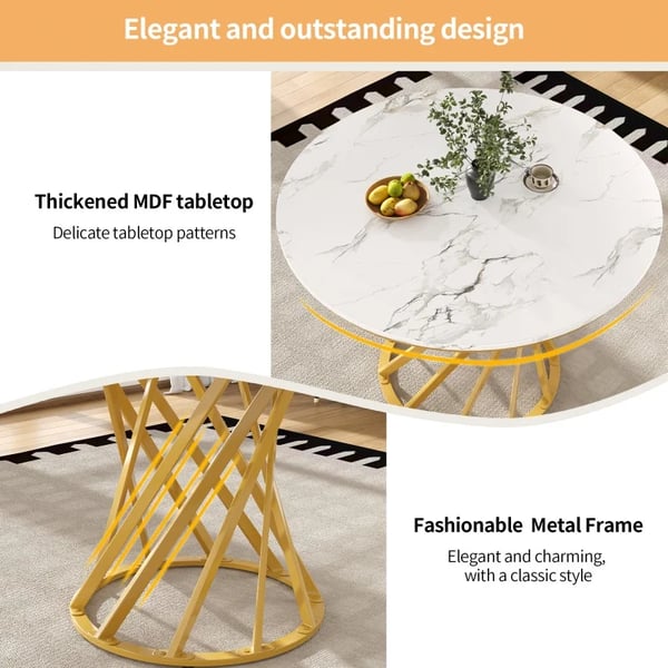Rundt sofabord - Stuebord - MDF marmorlook bordplade - 80 x 80 x 76 cm - Til 4 personer - Hvid