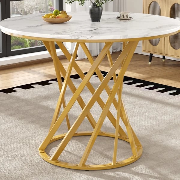 Rundt sofabord - Stuebord - MDF marmorlook bordplade - 80 x 80 x 76 cm - Til 4 personer - Hvid