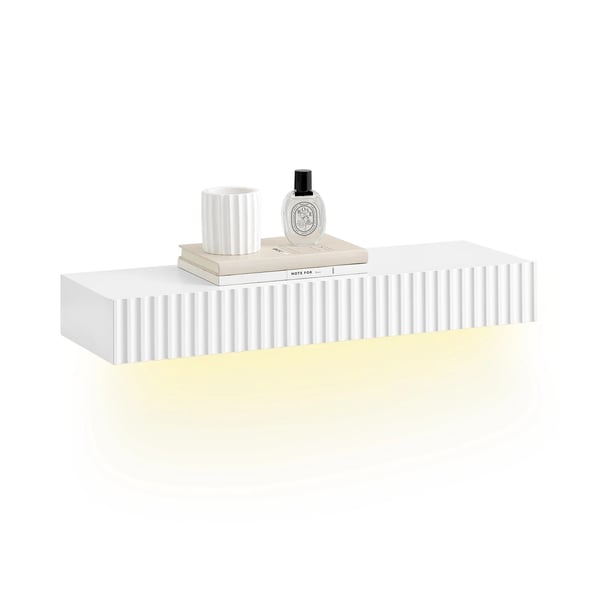Seinähylly - Kelluva hylly laatikolla - LED-liiketunnistin - Paristokäyttöinen LED-valo - 60×20×8 cm - Kokoaminen vaaditaan - Valkoinen
