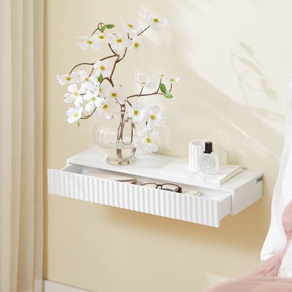 Seinähylly - Kelluva hylly laatikolla - LED-liiketunnistin - Paristokäyttöinen LED-valo - 60×20×8 cm - Kokoaminen vaaditaan - Valkoinen