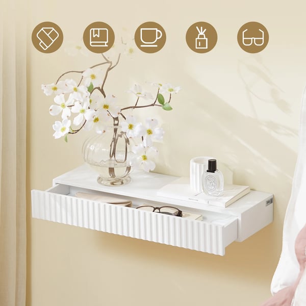 Seinähylly - Kelluva hylly laatikolla - LED-liiketunnistin - Paristokäyttöinen LED-valo - 60×20×8 cm - Kokoaminen vaaditaan - Valkoinen