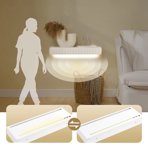 Seinähylly - Kelluva hylly laatikolla - LED-liiketunnistin - Paristokäyttöinen LED-valo - 60×20×8 cm - Kokoaminen vaaditaan - Valkoinen