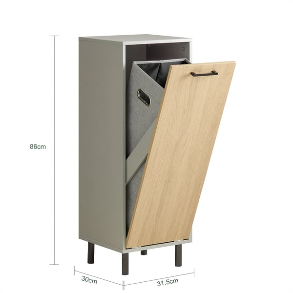 Vasketøjsskab med kurv - BZR132-NG - Udklappelig vasketøjspose - 31,5x86x30 cm - Til badeværelse - Samling kræves - Grå