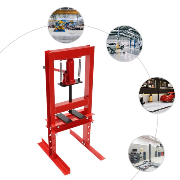Hydraulinen korjaamopuristin - 6 t - Iskun pituus 125 mm - Työväli 0–28 cm - Korkeussäädettävä - Käsikäyttöinen - Mukana puristuslevyt - Punainen