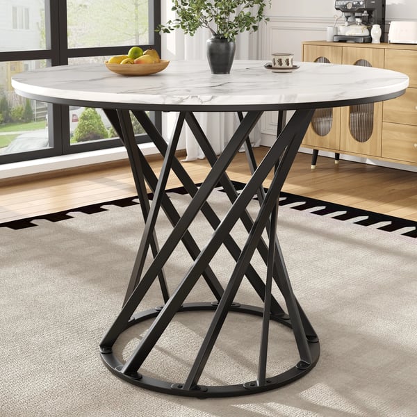 Rundt spisebord - Køkkenbord - Ø 80 cm, Højde 76 cm - MDF-plade i marmorlook - Metalben - Til 4 personer - Sort