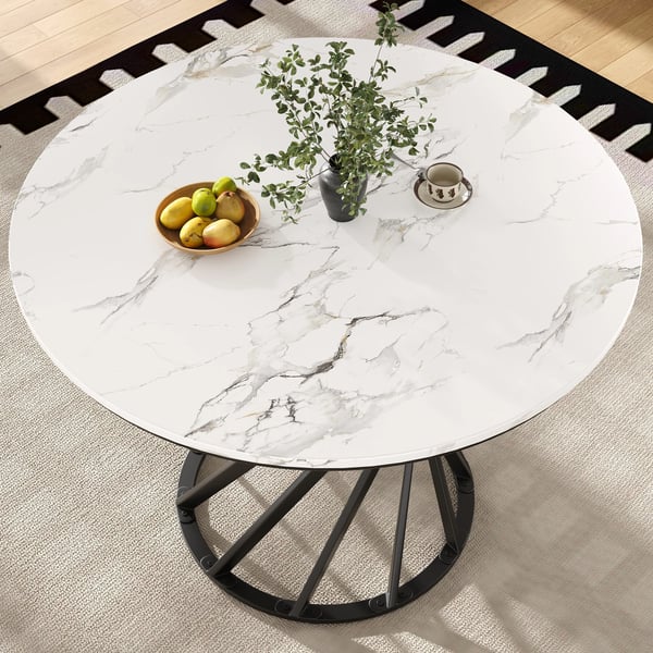 Rundt spisebord - Køkkenbord - Ø 80 cm, Højde 76 cm - MDF-plade i marmorlook - Metalben - Til 4 personer - Sort
