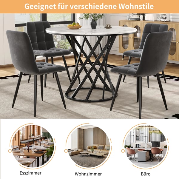 Rundt spisebord - Køkkenbord - Ø 80 cm, Højde 76 cm - MDF-plade i marmorlook - Metalben - Til 4 personer - Sort