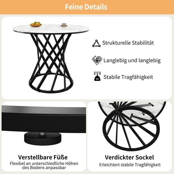 Rundt spisebord - Køkkenbord - Ø 80 cm, Højde 76 cm - MDF-plade i marmorlook - Metalben - Til 4 personer - Sort